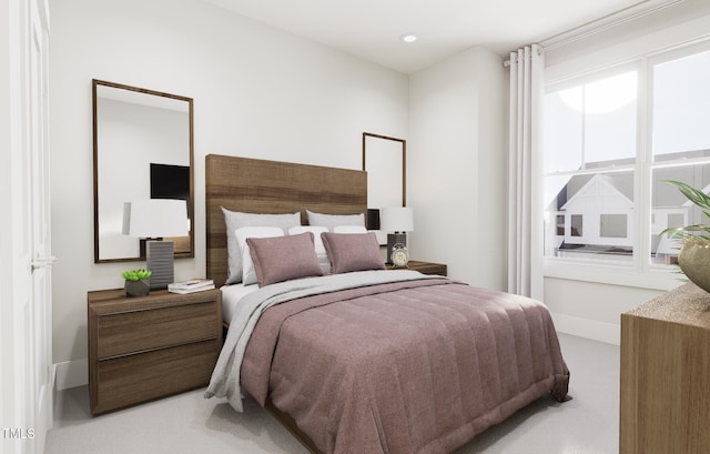 bedroom featuring light carpet, recessed lighting, and baseboards