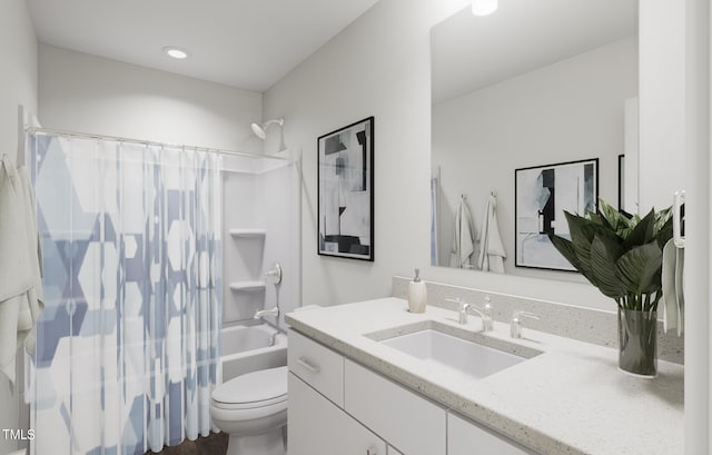 bathroom featuring shower / bath combination with curtain, vanity, and toilet