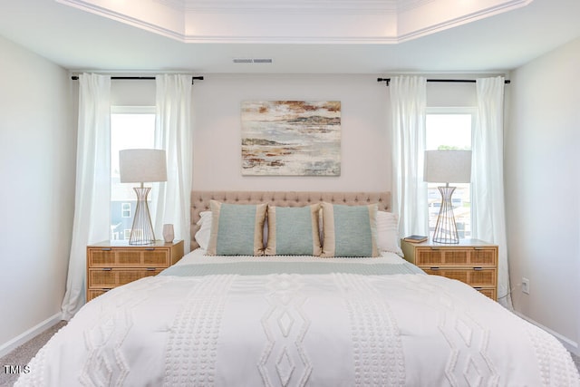 bedroom with a raised ceiling, crown molding, and carpet