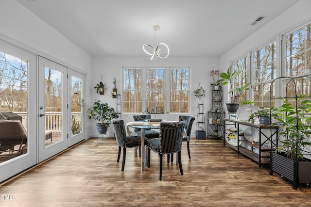 dining space with hardwood / wood-style flooring, a healthy amount of sunlight, and french doors