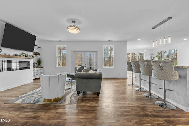 living room with dark wood-type flooring and french doors