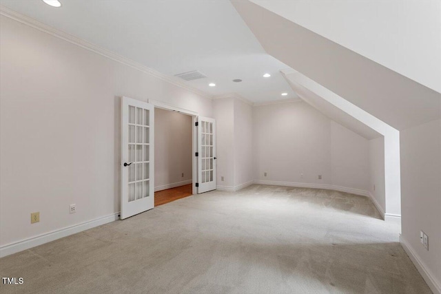 additional living space with french doors, carpet floors, recessed lighting, and baseboards