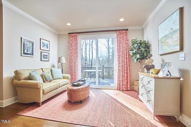 living area with crown molding and wood-type flooring