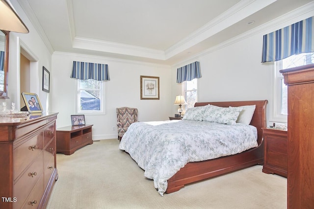 carpeted bedroom featuring a raised ceiling and ornamental molding