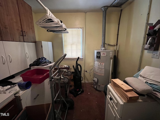 2612 Academy St, Sanford, NC 27332 - basement with gas water heater and dark colored carpet