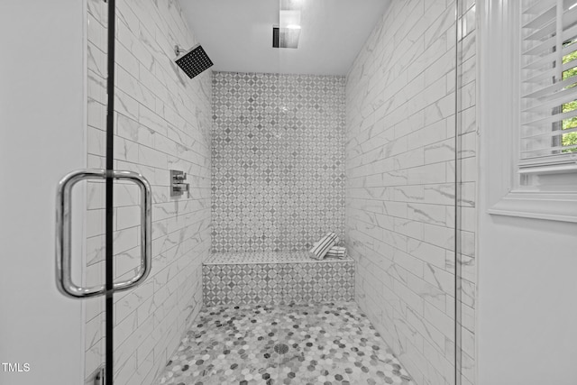 bathroom featuring a shower with shower door