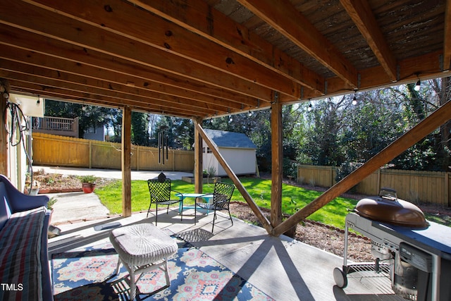 view of patio / terrace featuring area for grilling and a storage shed