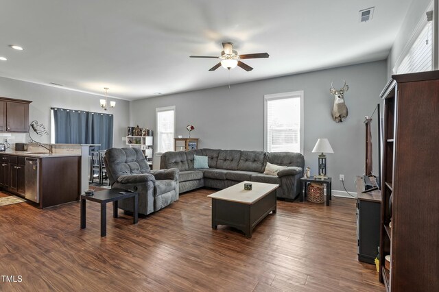 105 Langdon Chase Way, Selma, NC 27576 - living room featuring visible vents, baseboards, recessed lighting, a ceiling fan, and dark wood-style floors