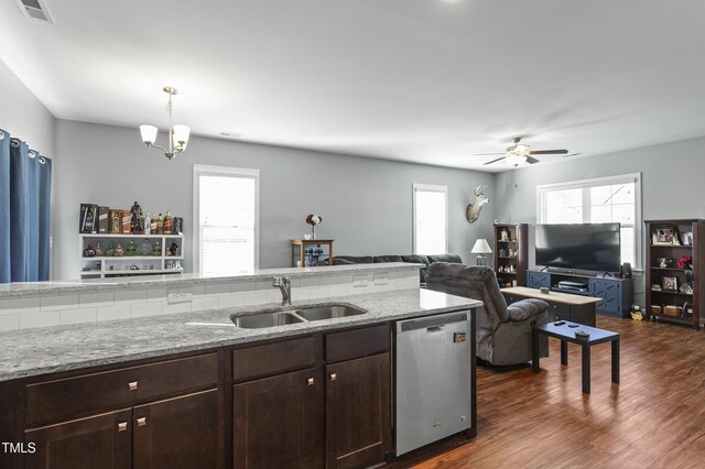 105 Langdon Chase Way, Selma, NC 27576 - kitchen featuring dark wood-type flooring, a sink, visible vents, dishwasher, and dark brown cabinets
