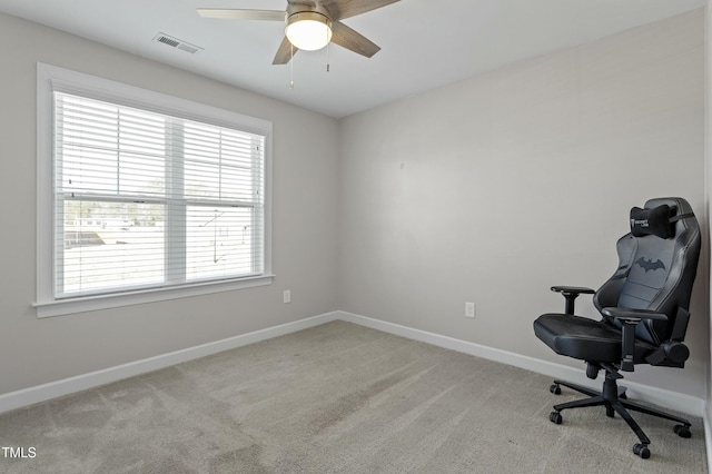 105 Langdon Chase Way, Selma, NC 27576 - office with baseboards, visible vents, ceiling fan, and carpet flooring