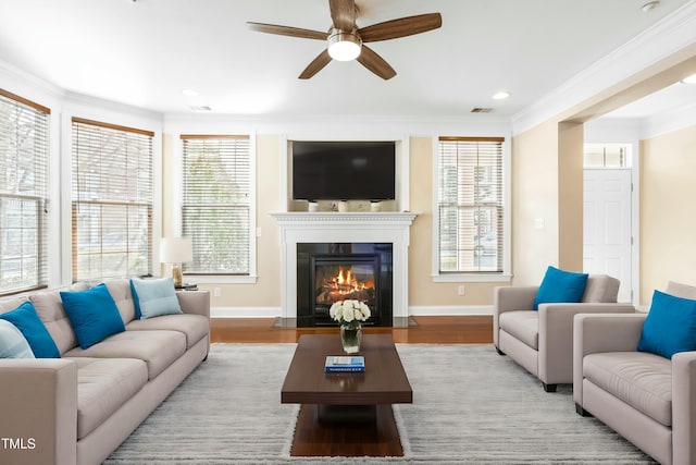 living room with ceiling fan, ornamental molding, and light hardwood / wood-style flooring