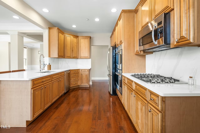 kitchen featuring sink, dark hardwood / wood-style floors, kitchen peninsula, stainless steel appliances, and decorative backsplash