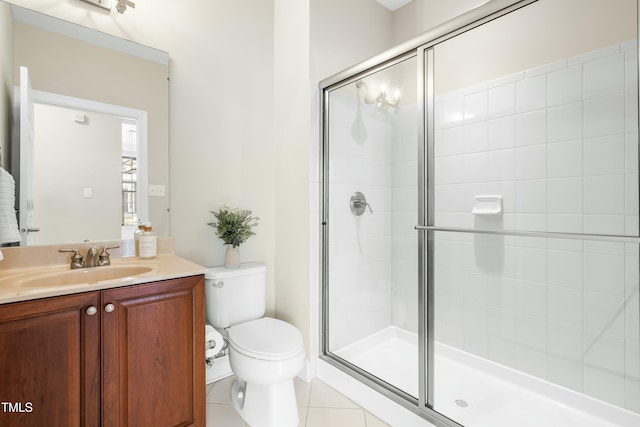 bathroom with tile patterned flooring, vanity, an enclosed shower, and toilet