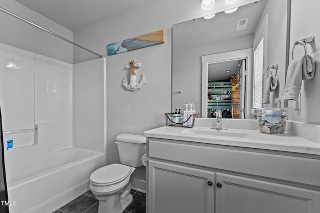 full bathroom featuring shower / bathing tub combination, vanity, tile patterned floors, and toilet