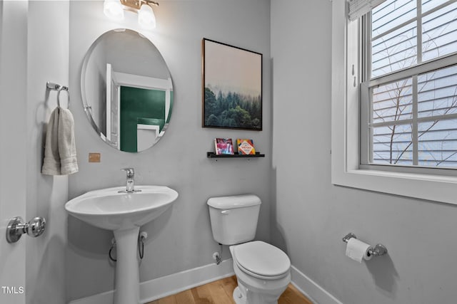 bathroom with hardwood / wood-style flooring and toilet