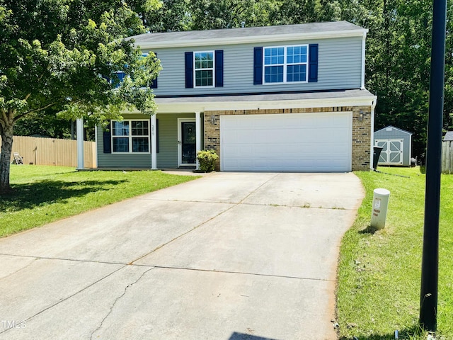 5879 Odenton Ln, Pfafftown, NC 27040 - traditional home with an attached garage, driveway, brick siding, and a porch