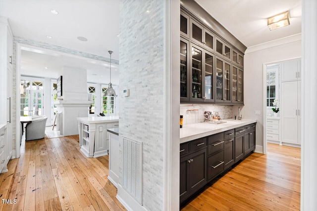 bar with pendant lighting, dark brown cabinetry, ornamental molding, light hardwood / wood-style floors, and decorative backsplash