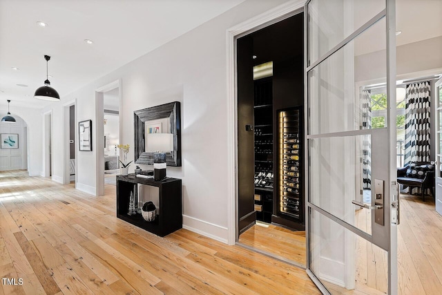 wine room with hardwood / wood-style flooring