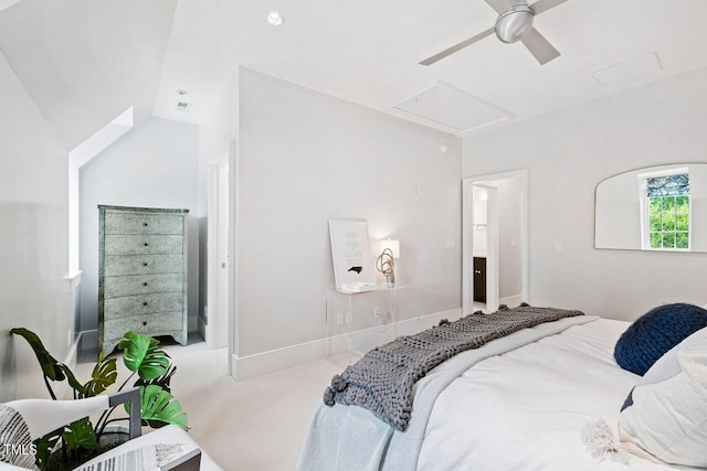 bedroom with ceiling fan and carpet flooring