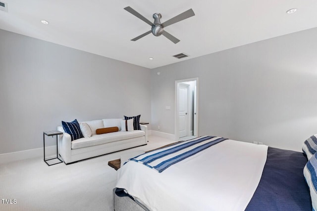 bedroom with light colored carpet and ceiling fan