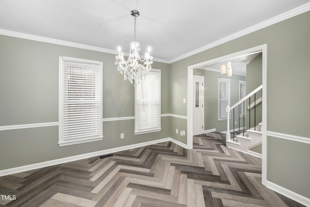 dining area with an inviting chandelier, dark parquet flooring, and crown molding