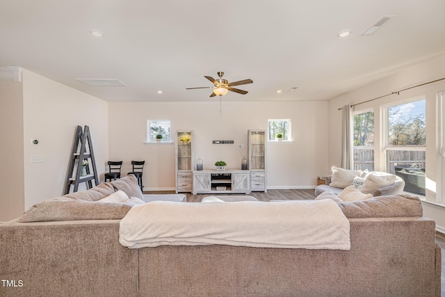 living room with hardwood / wood-style flooring and ceiling fan