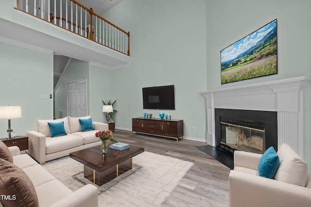 living room featuring light hardwood / wood-style flooring and a high ceiling