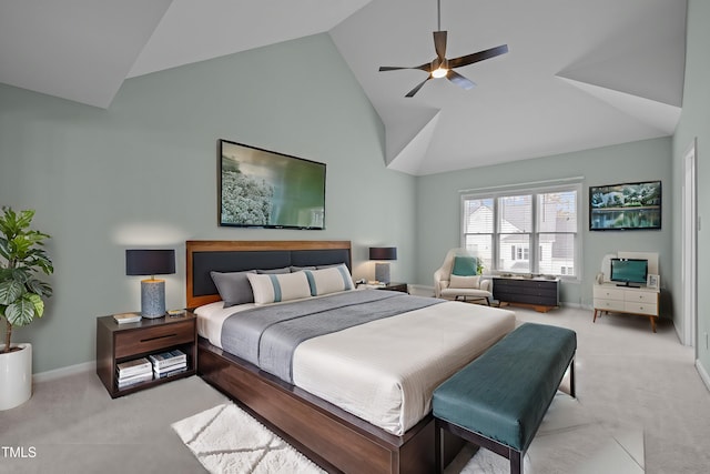 bedroom with high vaulted ceiling, light carpet, and ceiling fan