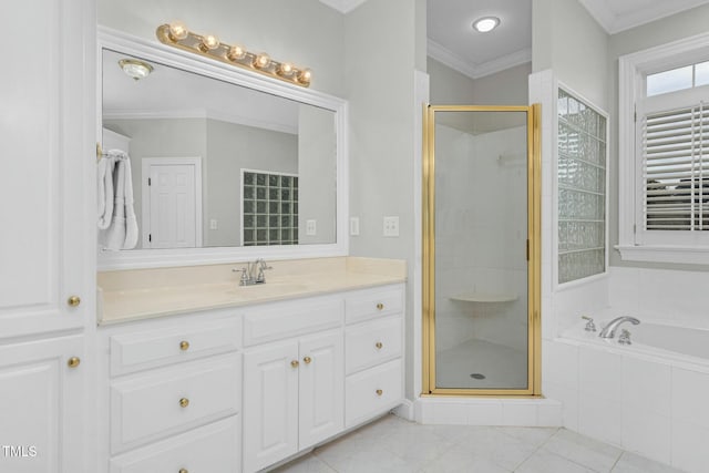 bathroom with crown molding, vanity, and independent shower and bath