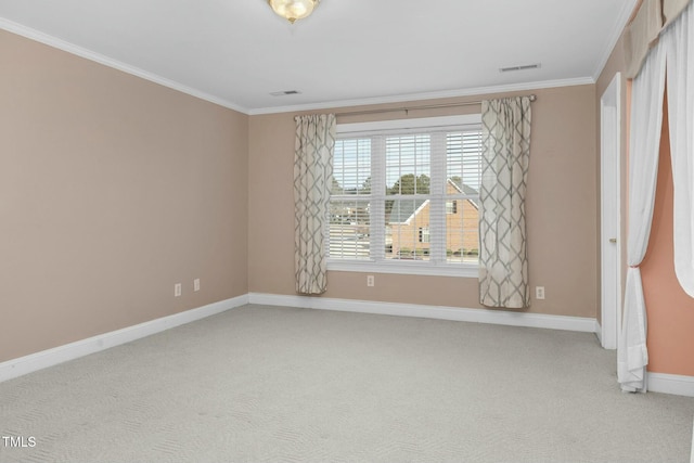 spare room with ornamental molding and carpet flooring