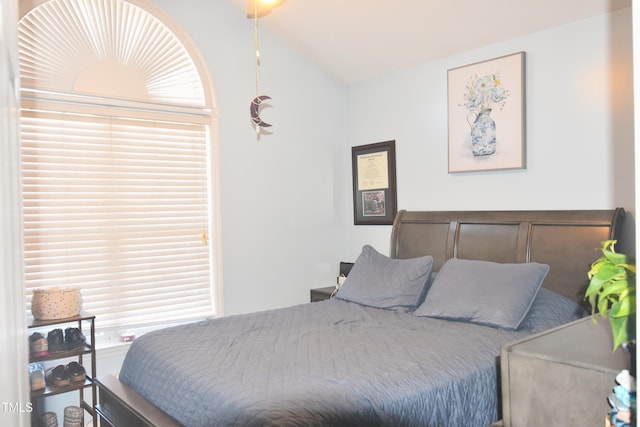 bedroom with lofted ceiling