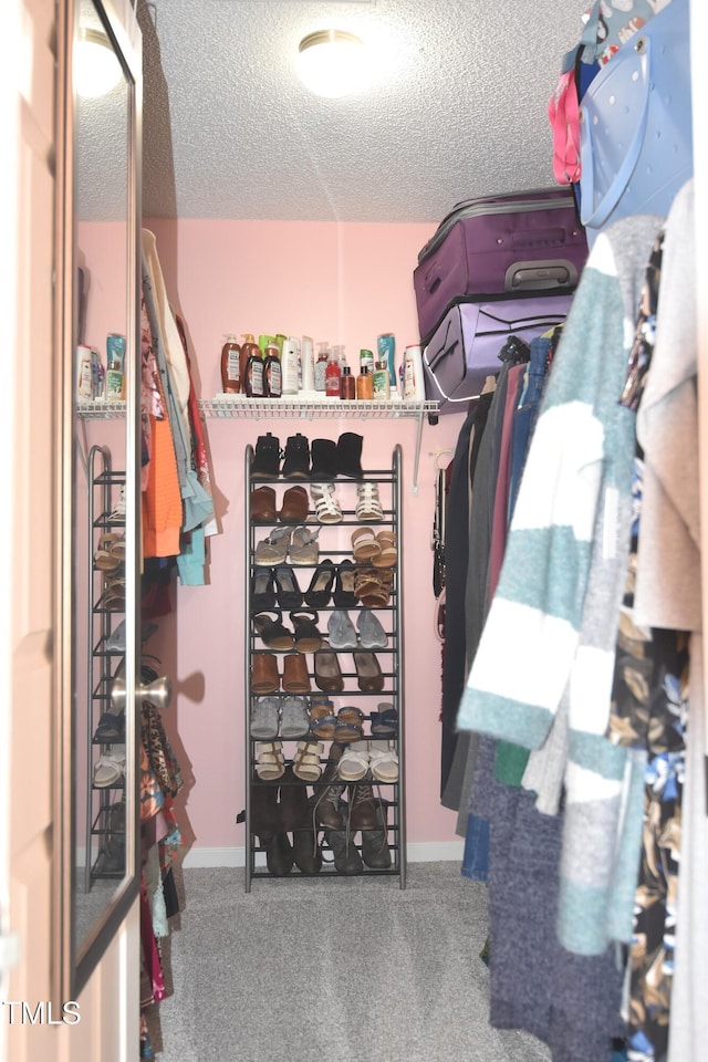 walk in closet with carpet flooring