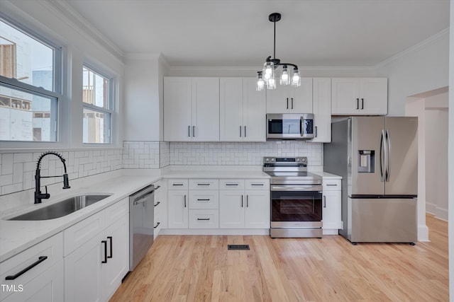 kitchen featuring crown molding, appliances with stainless steel finishes, sink, and white cabinets