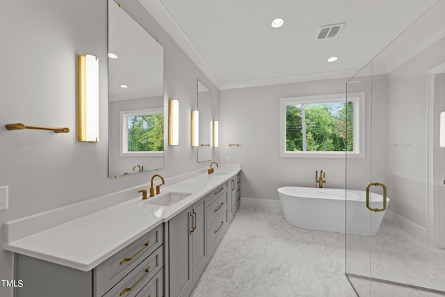 bathroom with crown molding, plenty of natural light, vanity, and separate shower and tub