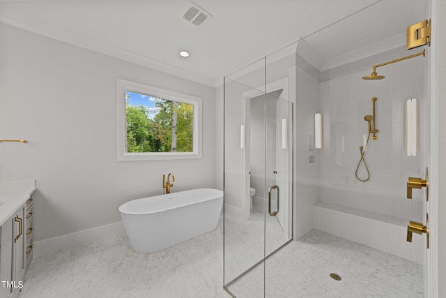 bathroom featuring independent shower and bath, crown molding, and vanity