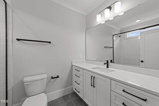 bathroom with crown molding, tile patterned flooring, vanity, toilet, and walk in shower