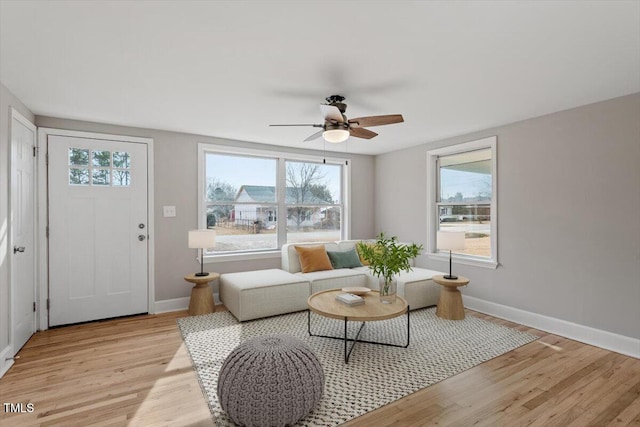 living room with ceiling fan and light hardwood / wood-style flooring