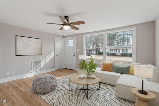 living room with ceiling fan and light wood-type flooring