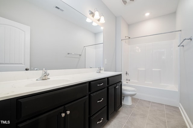 full bathroom featuring shower / bathtub combination, tile patterned floors, toilet, and vanity