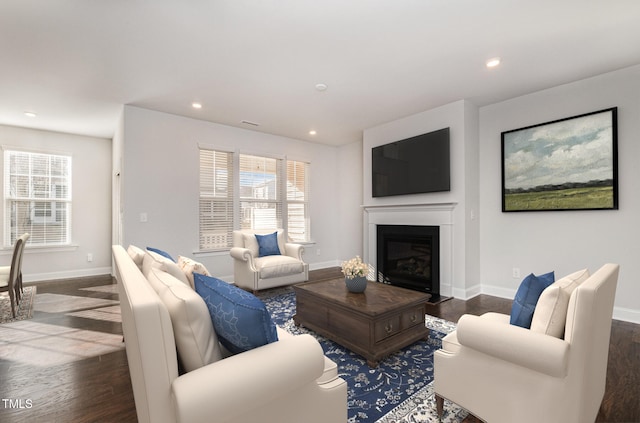 living room featuring dark hardwood / wood-style flooring and a healthy amount of sunlight