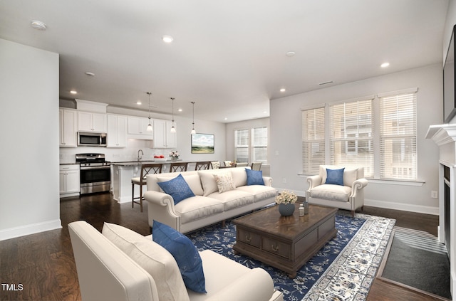 living room with dark hardwood / wood-style flooring and sink