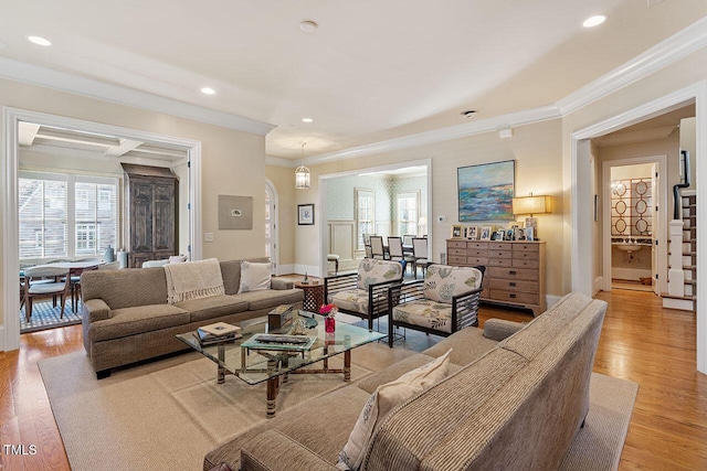 living room with crown molding and light wood-type flooring