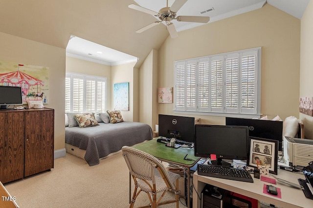 bedroom with lofted ceiling, light carpet, ornamental molding, and ceiling fan