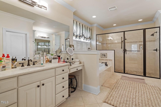 bathroom with ornamental molding, vanity, tile patterned floors, and plus walk in shower