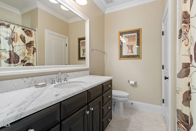 bathroom featuring crown molding, vanity, toilet, and tile patterned flooring