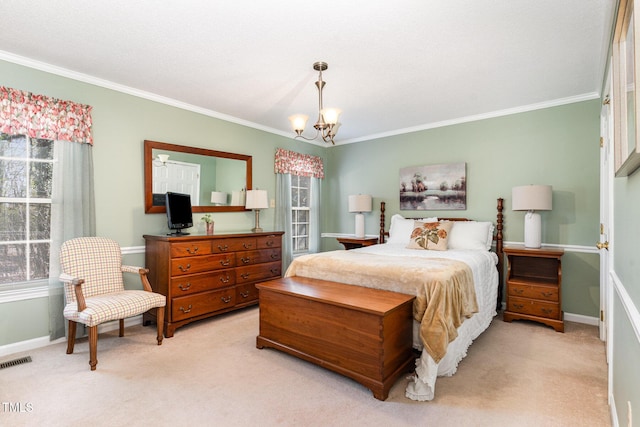 carpeted bedroom with a notable chandelier and crown molding