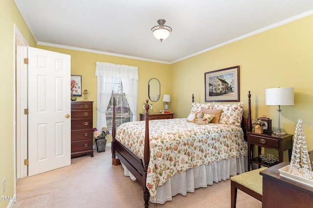 bedroom with crown molding and light carpet