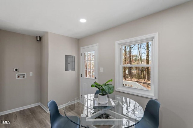 dining room featuring electric panel, baseboards, wood finished floors, and recessed lighting