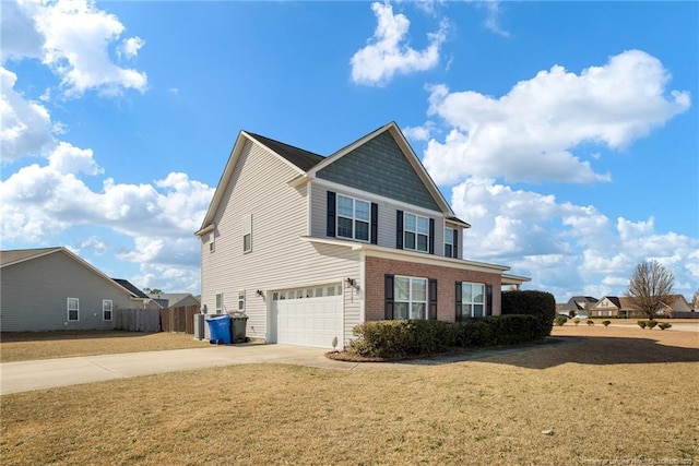 view of property exterior featuring a garage and a lawn