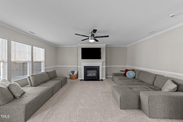 living room featuring ornamental molding, a textured ceiling, and carpet